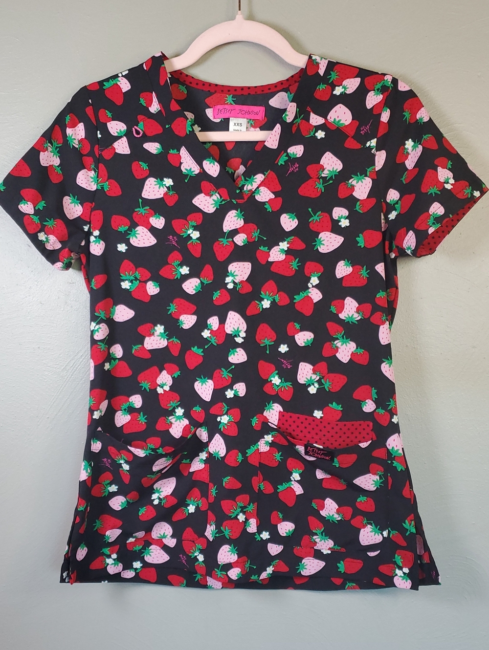 Betsey Johnson Black Short Sleeve Scrub Top with Red & Pink Strawberry Print.